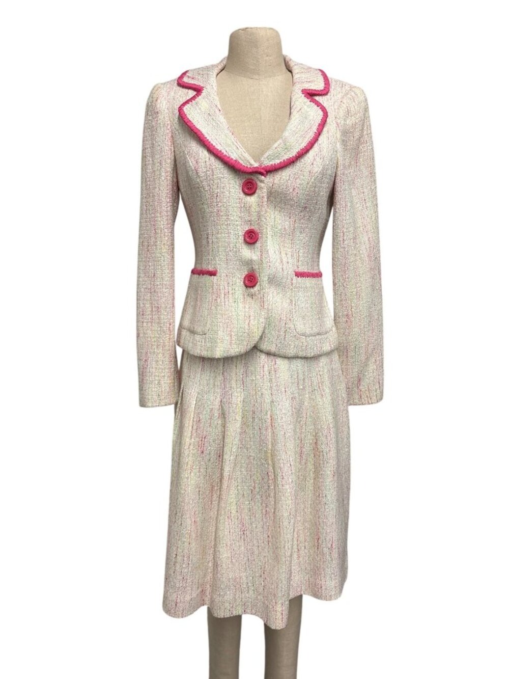 Vintage Y2K Chetta B Sherrie Bloom Peter Noviello Confetti Tweed Skirt Suit Pink